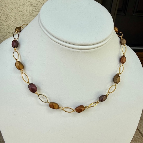 Handcrafted Coppery Beads & Oval Golden Textured Links Chain Necklace - Picture 1 of 5
